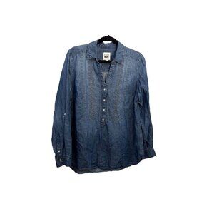 Code Bleu Denim Shirt Embroidered Collared Women Large Roll Tab Sleeve